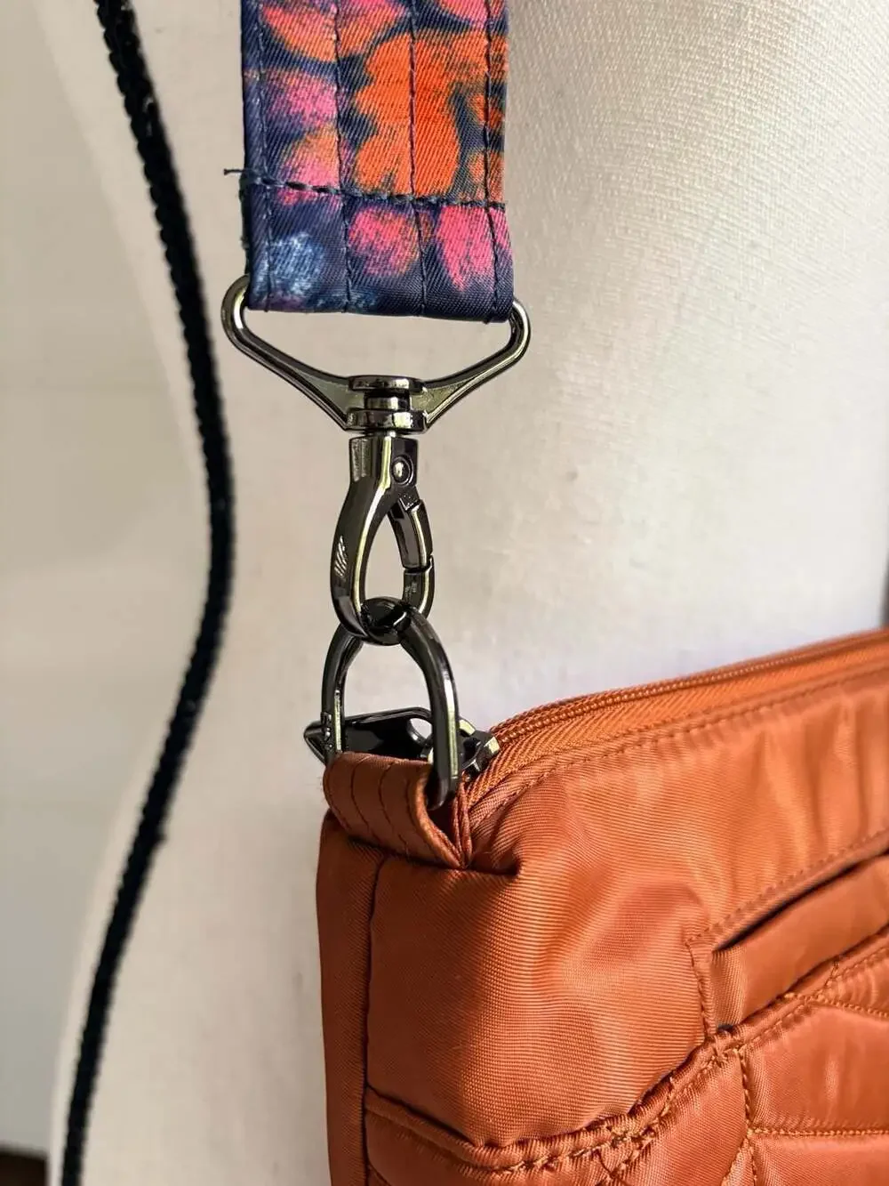 Lug Flare Quilted Crossbody Bag in Copper Brown with Floral Strap